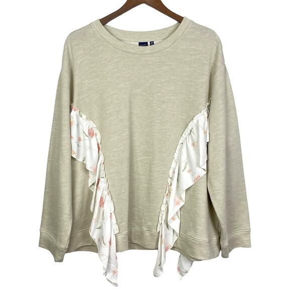 Kaari Blue Curvy Cream Tan Ruffle Floral Detail Pullover Crewneck Sweatshirt - Picture 1 of 8